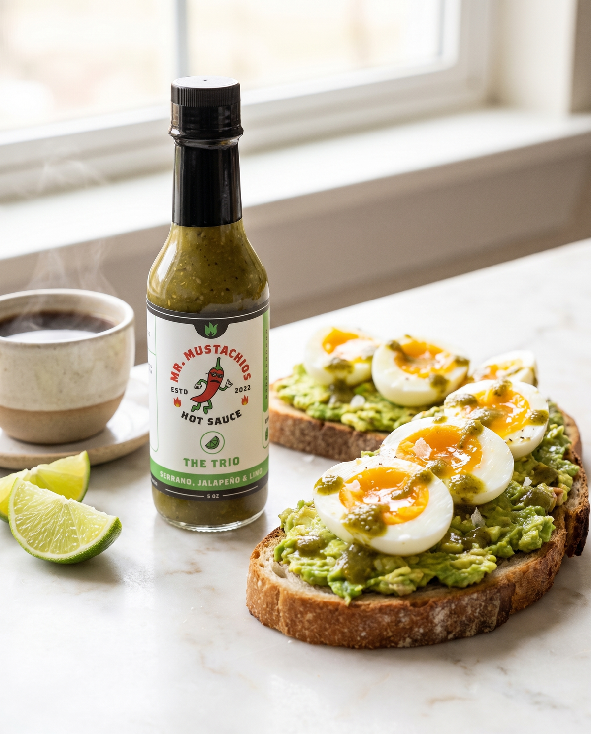 The Trio hot sauce drizzled on avocado toast with soft-boiled eggs