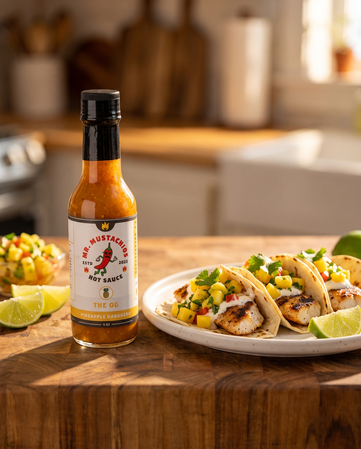 The OG pineapple habanero hot sauce with grilled fish tacos and pineapple salsa