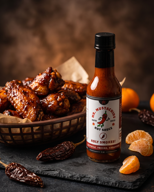 Holy Smokes! chipotle habanero hot sauce with smoky glazed chicken wings and mandarins