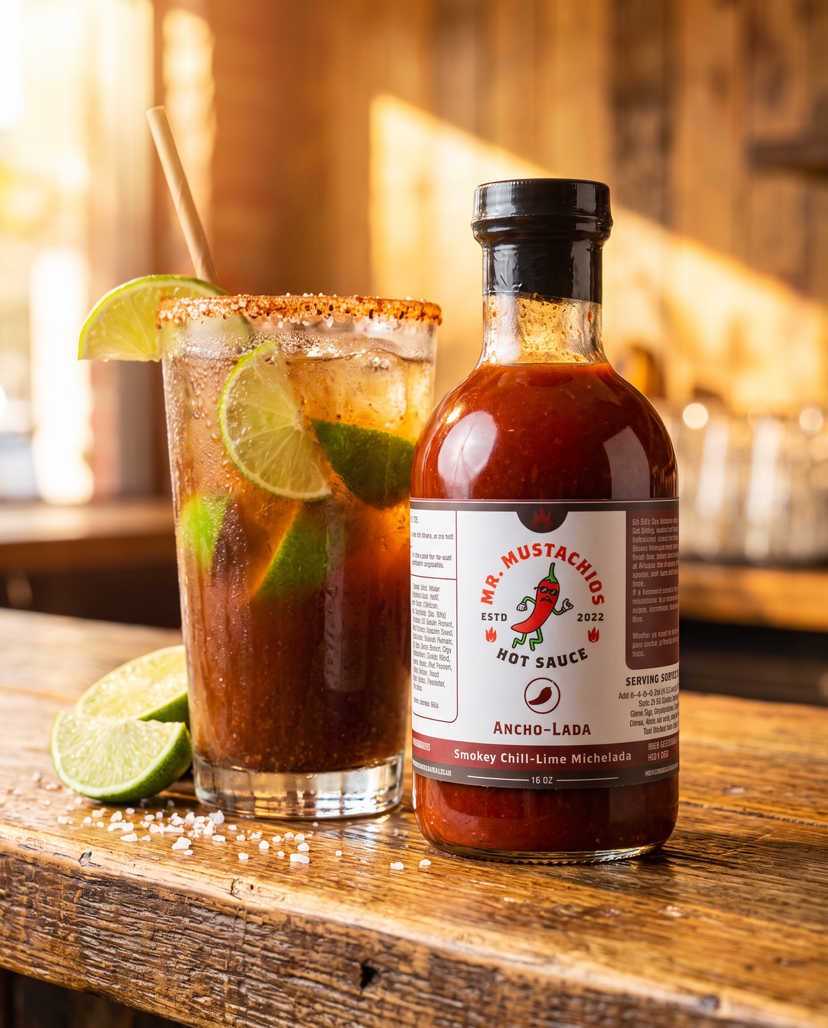 Ancho-Lada smoky ancho chili-lime michelada mix with a chili-salt-rimmed michelada