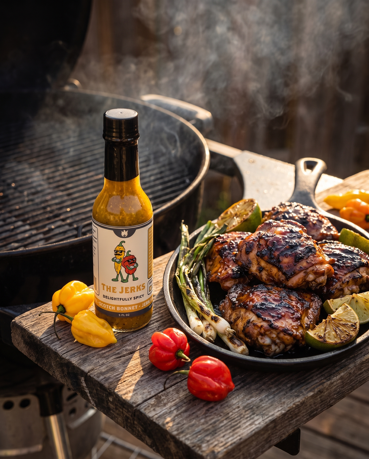 The Jerks smoked jerk hot sauce next to grilled jerk chicken thighs