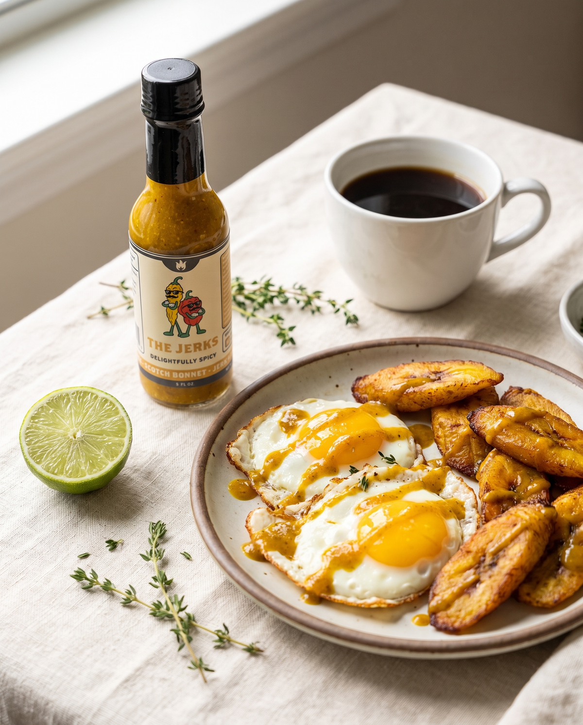 The Jerks hot sauce drizzled over fried eggs and plantains