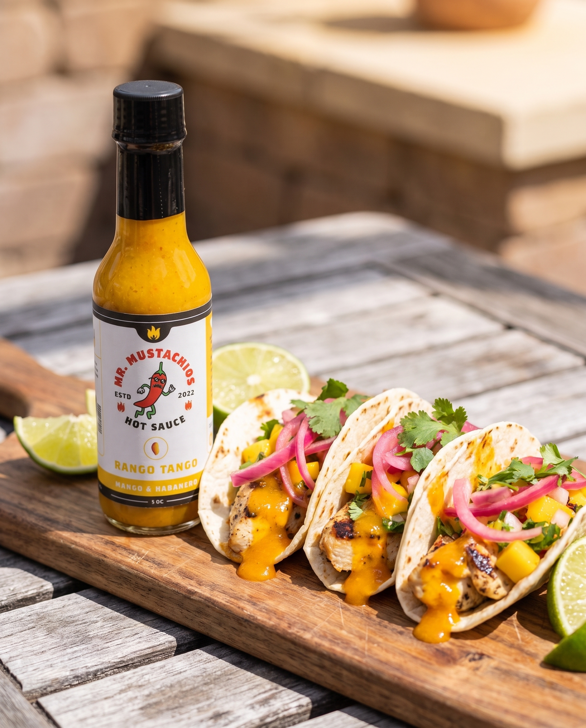Rango Tango mango habanero hot sauce on grilled chicken tacos with pickled onion