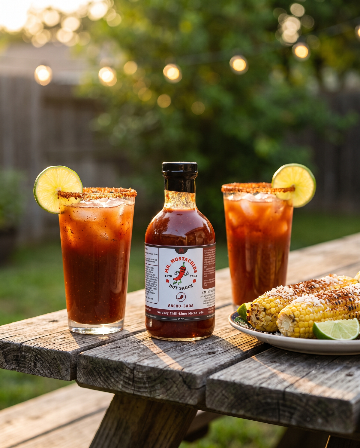 Ancho-Lada michelada mix with micheladas and grilled elote at a backyard BBQ