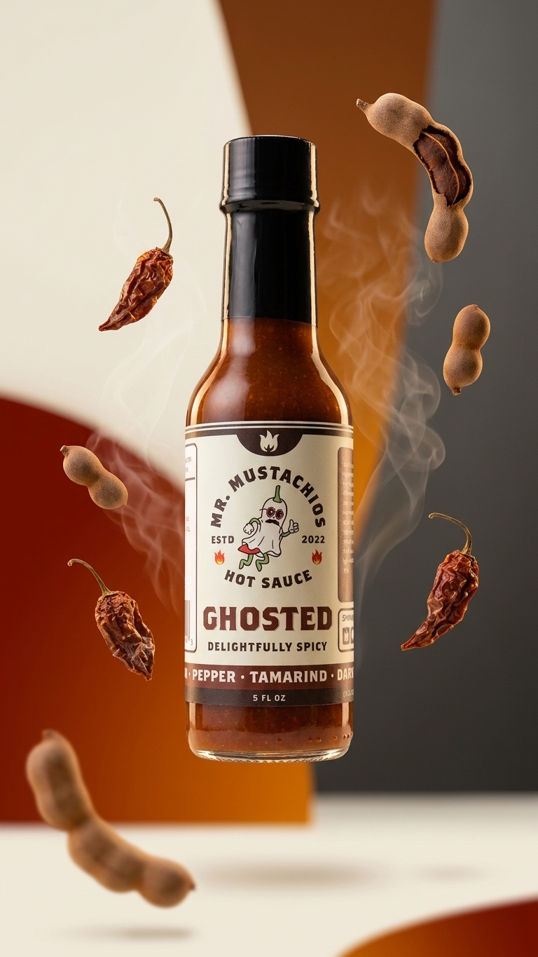 Ghosted fermented ghost pepper, tamarind and date hot sauce by Mr. Mustachios, 5 fl oz bottle